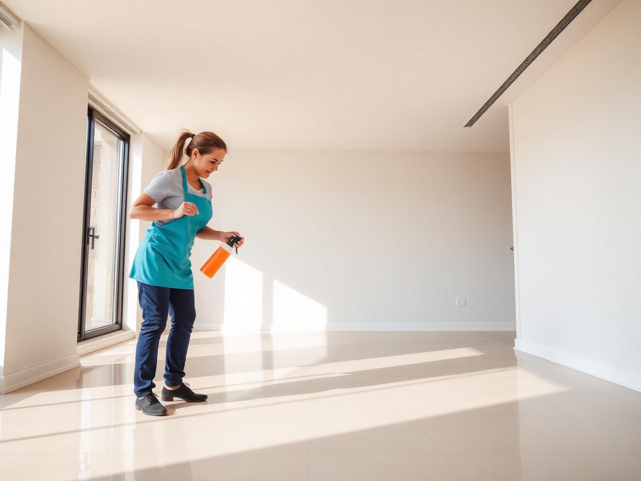 Professional cleaner doing end of lease clean in an empty apartment