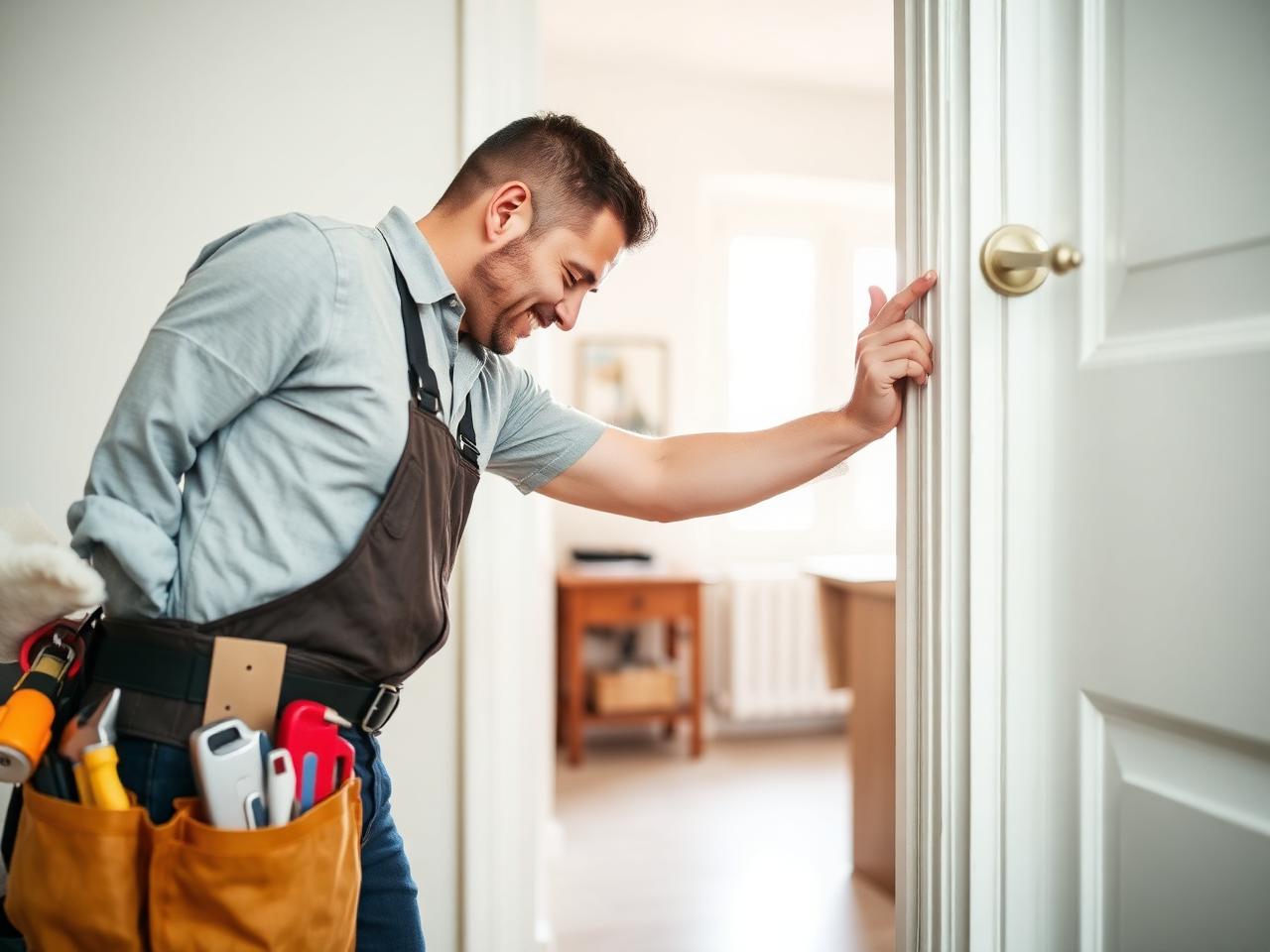 Friendly handyman with tool belt doing minor home repair